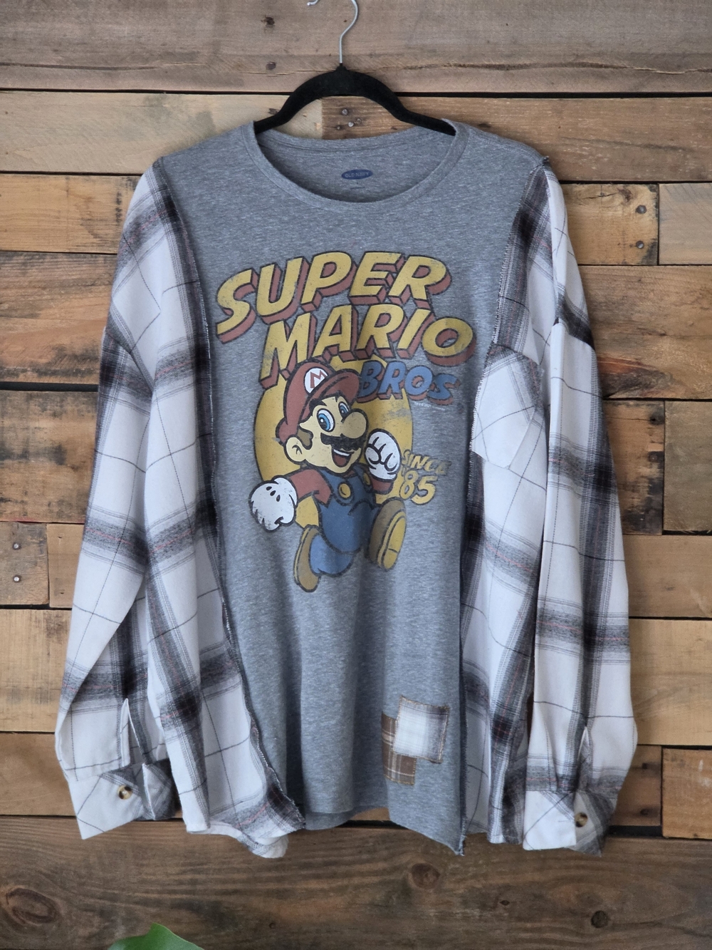 Upcycled Super Mario Bros Gray Graphic T-Shirt with Plaid Sleeves